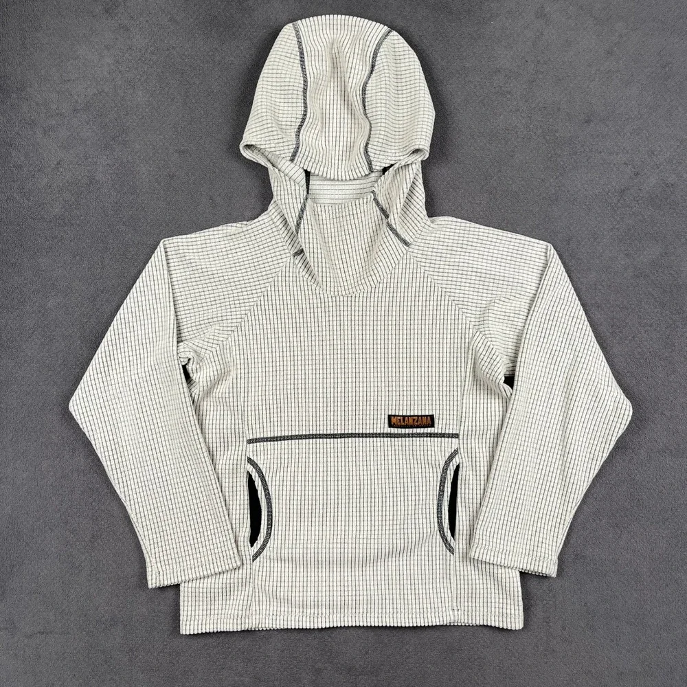 Melanzana Micro Grid Hoodie Kids Medium Cream Black Grid Fleece Made in USA